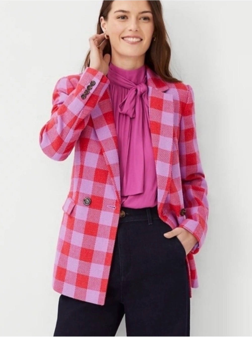💗Ann Taylor Pink and Red Plaid Double-Breasted Blazer